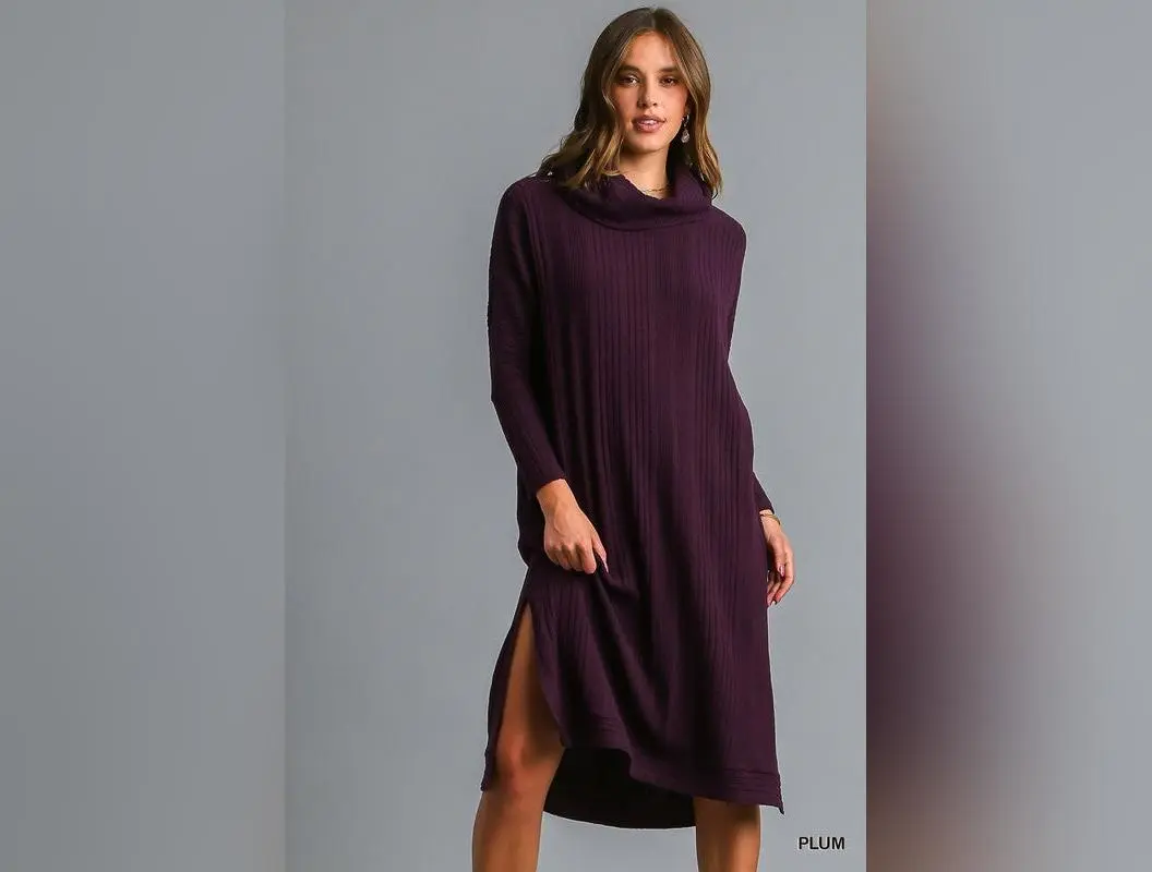 "Heidi" Cowl Neck Ribbed Midi Dress