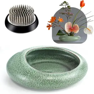 Ceramic Water Drop Ikebana Flower Arrangement Vase Kit with Flower Frog Green Small Size