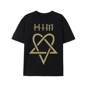 HIM Ville Valo Band Black & White Heartagram T-Shirt - Gothic Rock Style, 100% Cotton, Short-Sleeve Casual Streetwear for Year-Round Wear
