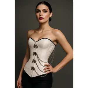 Steel Boned White Brocade Overbust corset w/ Front Clasps and Chains
