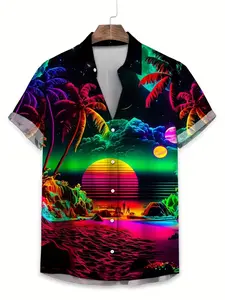 Men's Tropical Hawaiian Sunset Print Button Shirt, Vibrant Coconut Tree and Ocean Design, Casual Short Sleeve, Polyester, Summer Weekend Wear