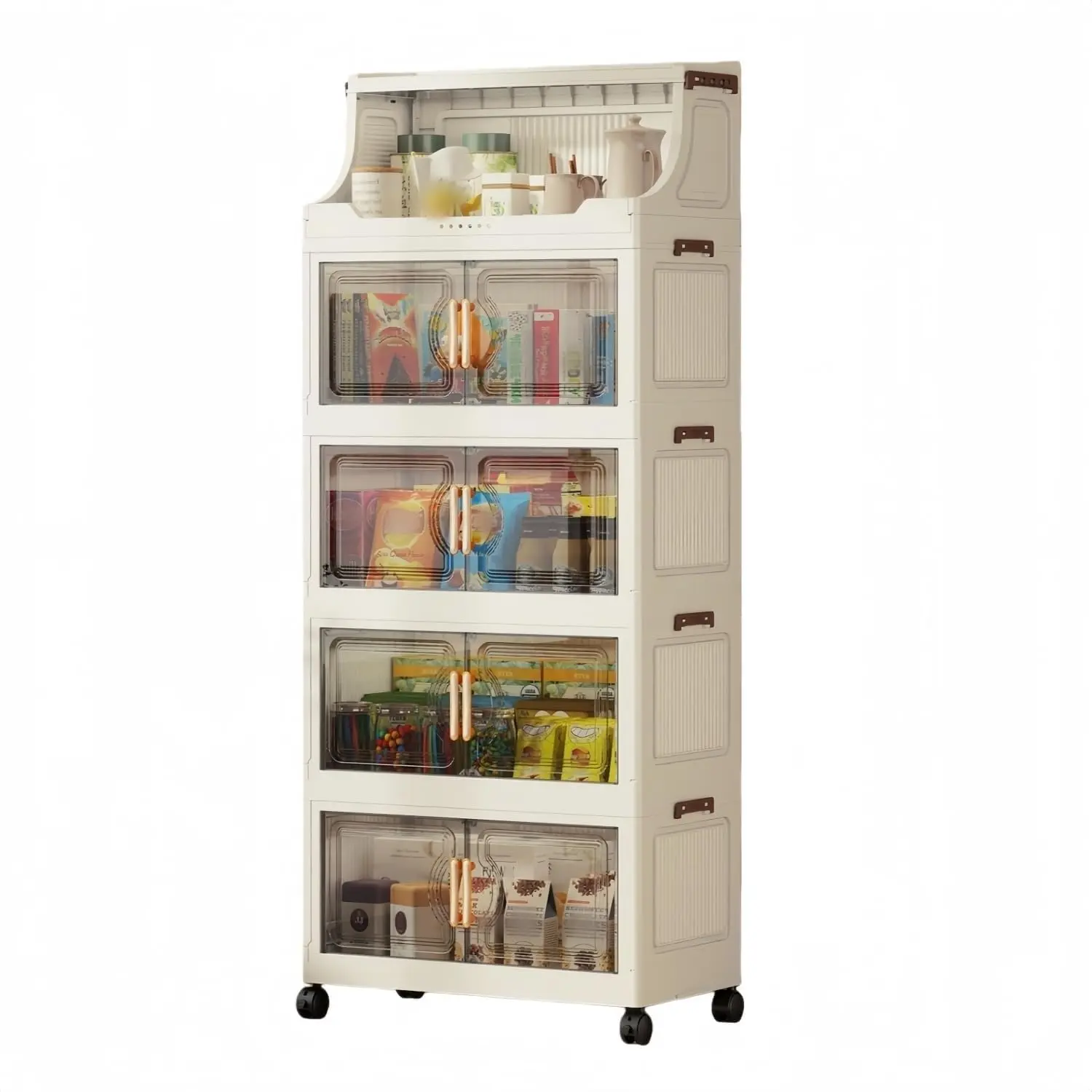 5-Layer Multifunctional Foldable Storage Cabinet with Magnetic Doors, Stackable Storage Organizer Bins with Handles, Lockable Mobile Storage Box with Wheels, Ideal for Storage and Organization in Living Room, Bedroom, Kitchen, Office and Home