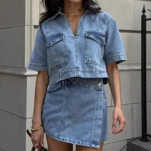Women's Denim Utility 2-Piece Set Street Style Short Sleeve Top & Skirt Shorts Outfit Comfortable Breathable Washed Cotton Fabric - Clothes, Fashion