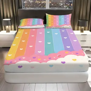 3Pcs Rainbow Heart Cloud Fitted Sheet Three Piece Set (1*Fitted Sheet+2*Pillowcases, Coreless), Valentine's Day theme, Colorful Striped Bedding Set, Mattress protector Soft, Breathable