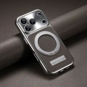 Litchi Texture Leather Magnetic Finger Ring Stand iPhone Case | Premium Metal Camera Lens Protector | Shockproof and Scratch-Resistant Design | Compatible with iPhone 17/16/15/14/13 Pro Max | Stylish Business Accessory