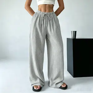 Women’s summer casual striped long pants with a textured crinkle design; lightweight, breathable vertical stripes with a drawstring and pockets—suitable for the beach, leisure, home, outings, and travel.