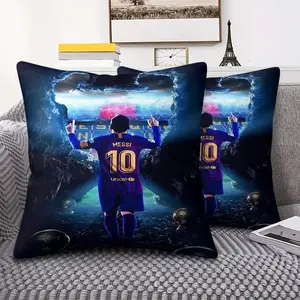 Lionel Soccer Scene Throw Pillow, Home Decorative Cushion, Featuring Digital Print of Messi in Barcelona Jersey, Perfect for Sports Enthusiasts. Soft and Comfortable Cushion, Ideal for Home Decor. Includes Pillow Insert.
