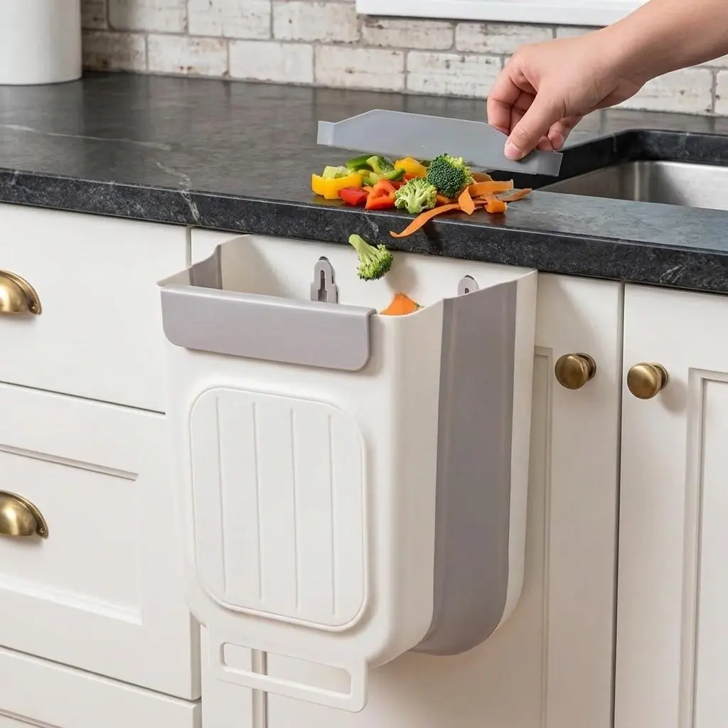 7CODE Hanging Kitchen Trash Can for Cabinet Door, Space-Saving Collapsible Waste Bin Container for Food Scraps Vegetable Peels, Door Mounted Slim Garbage Pail for Bathroom Office Dorm RV Apartment