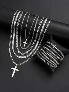 Men's Stainless Steel Cross Necklace Bracelet Set, Casual Jewelry Gift for Couples, Daily Wear Accessories, Perfect for Dates & Gifts