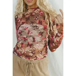 Floral Mock Neck Long Sleeve Sheer Top