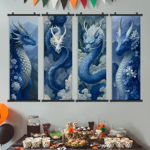 Dreamy Blue Dragon Art Poster Set, Hanging Banners for Game Room Decor, Modern Living Room Wall Art, Waterproof Print, Home Decoration