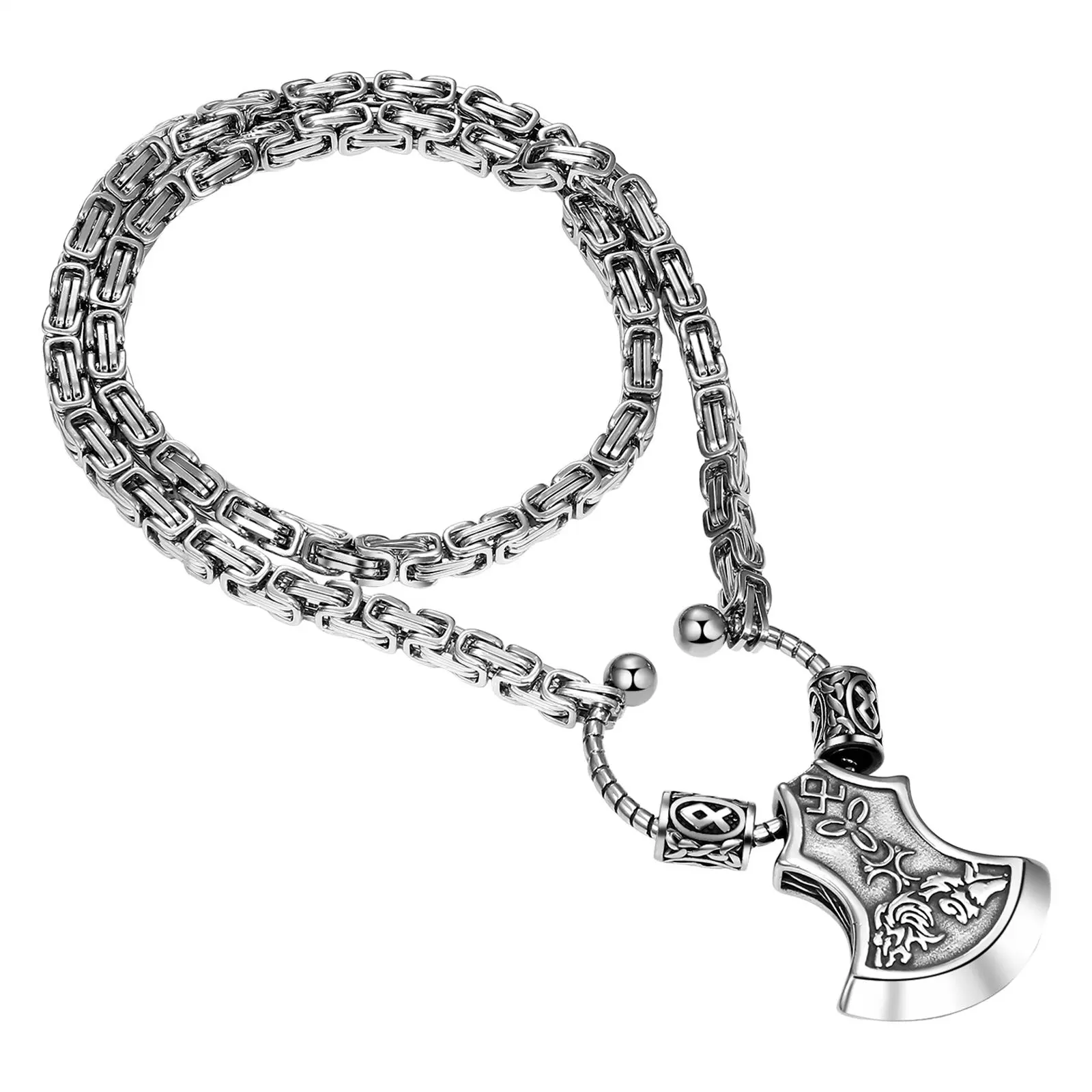 OIDEA Men's Viking Pendant Necklace - 24in Stainless Steel Byzantine Chain, 1.69"-2.04"L x1.18"-1.49"W Norse Rune Amulet, 3D Casting, 4.11-5.14 Oz Heavyweight Gothic Jewelry for Cosplay,Casual Wear,Birthday Anniversary Male Fashion Accessory