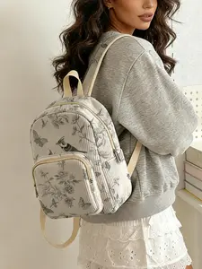 1 piece of bird floral pattern 2D printed ladies' backpack, corduroy texture + layered storage + light weight reduction | perfect for students going to class/shopping/short trips | atmosphere and practicality combined