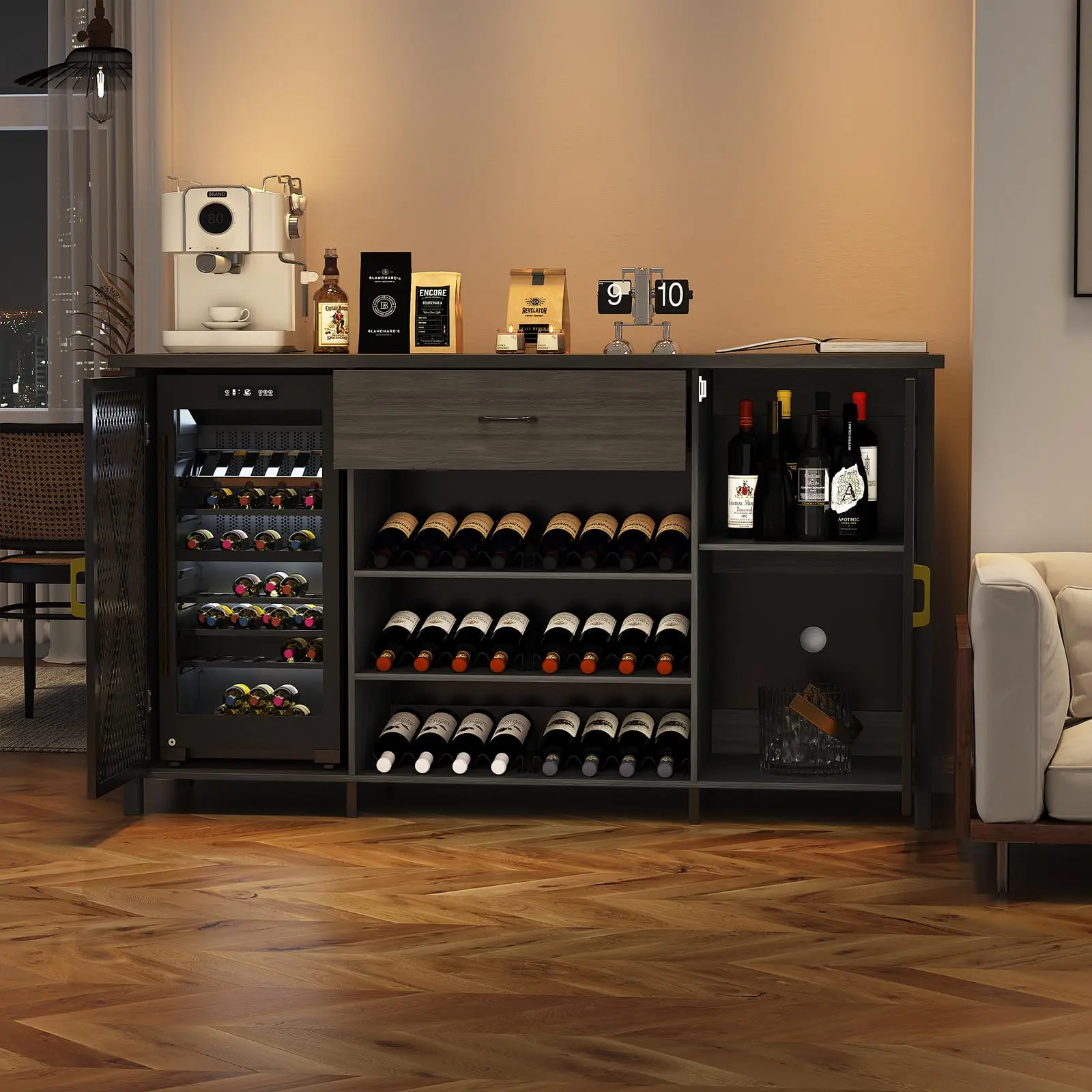 Garvee 71" Industrial Wine Bar Cabinet with Storage Drawer & Racks, Modern Liquor & Coffee Station for Kitchen, Dining & Living Room, Rustic Black Finish, Large Capacity