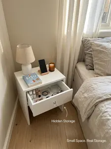 White Vanity Stool with Storage Drawer, Multifunctional Nightstand Side Table for Bedroom & Makeup Room