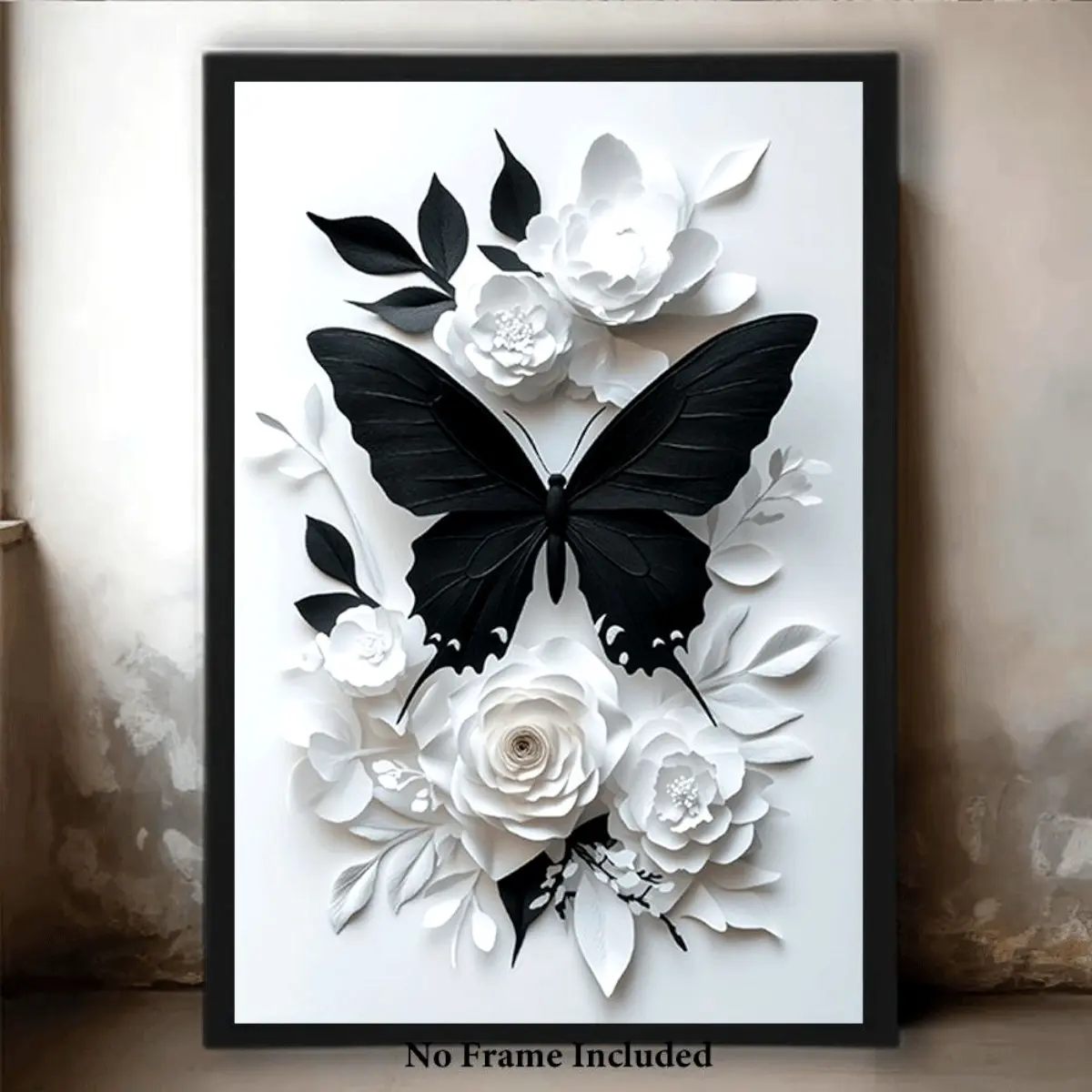 3D Paper Cut Black Butterfly White Floral Art Print - Nature Decoration 3D Paper Cut Art, Wooden Framed/Unframed Easyclean Surface Waterproof Minimalist Painting with Butterfly Symbolism, Living Room Hanging + Gift Box Option