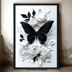 Black Butterfly Wall Art Canvas Poster, 3D Paper Cut Floral Artwork, White Rose Aesthetic Print, Elegant Minimalist Nature Decor, Wooden Framed or Unframed Print for Living Bedroom, Modern Botanical Home Decor Gift Decoration Frameless Painting Hanging