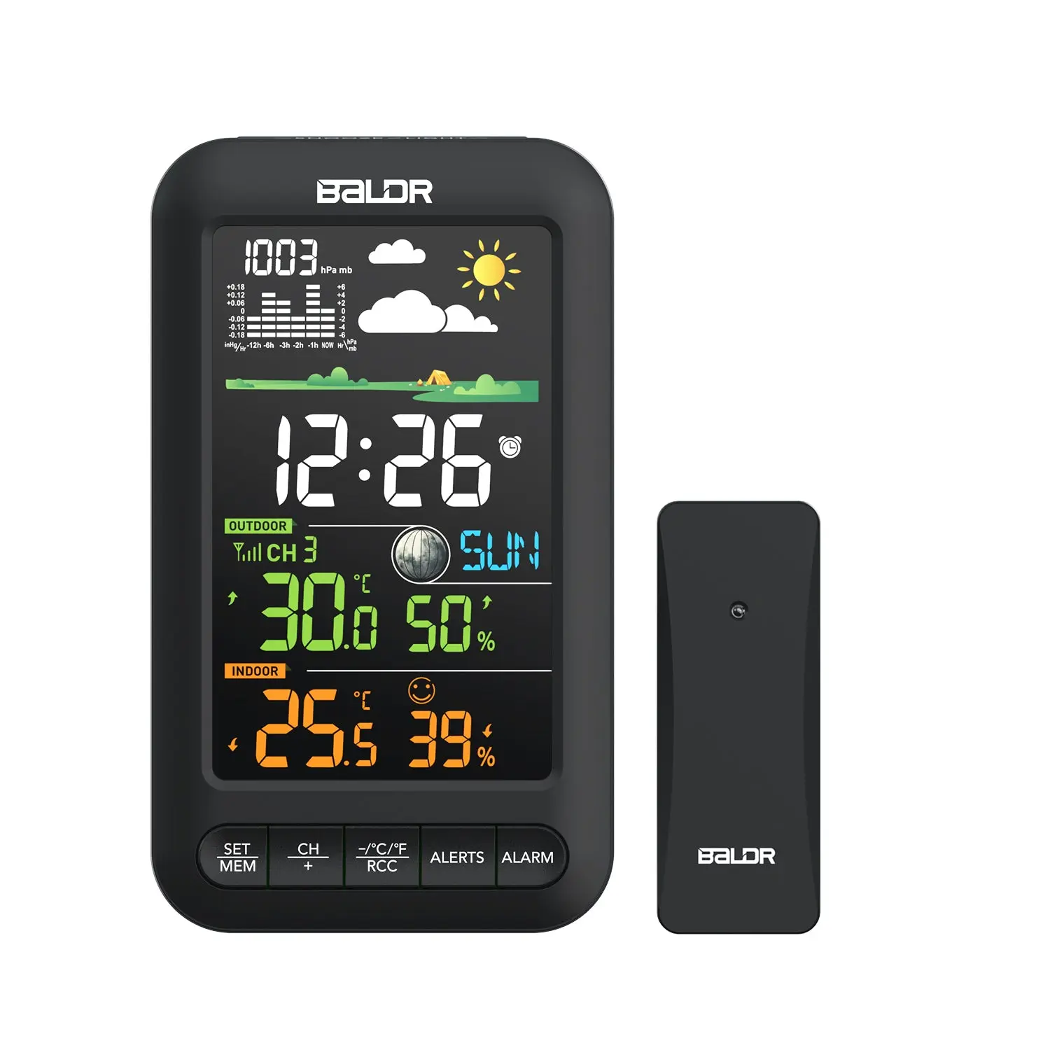 BALDR Wireless Weather Station with Large Clear Display Indoor Outdoor Thermometer Remote Sensor Atomic Clock Moon Phase Barometric Pressure Temperature Humidity Monitor Alerts Black