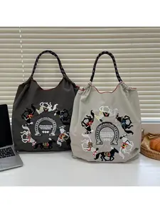 Japanese Style Embroidered Drawstring Shoulder Bag with Ball Chain, Large Capacity Casual Shopping Handbag for Women