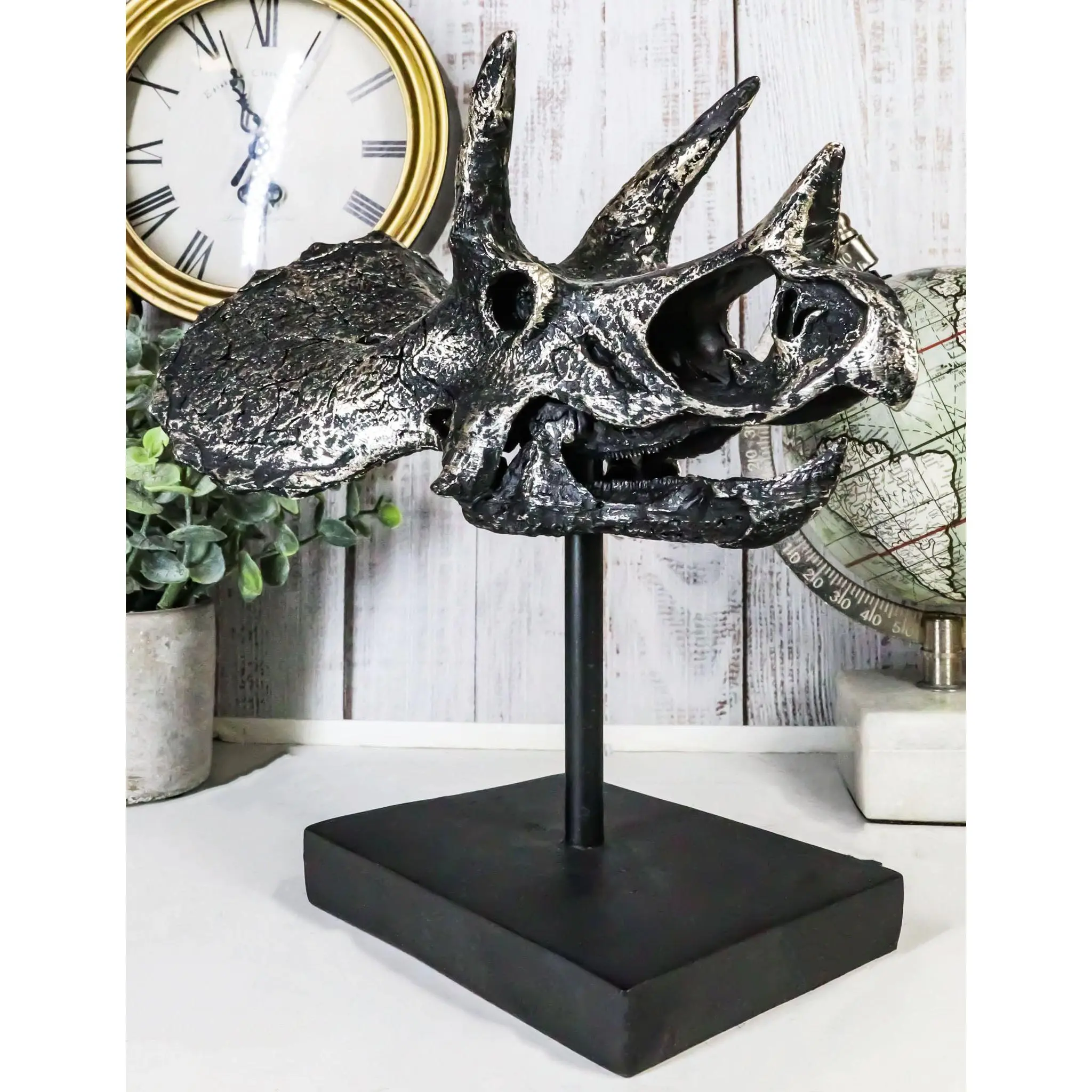 Jurassic '3 Horns' Triceratops Dinosaur Fossil Skeleton Statue With Stand 9"L
