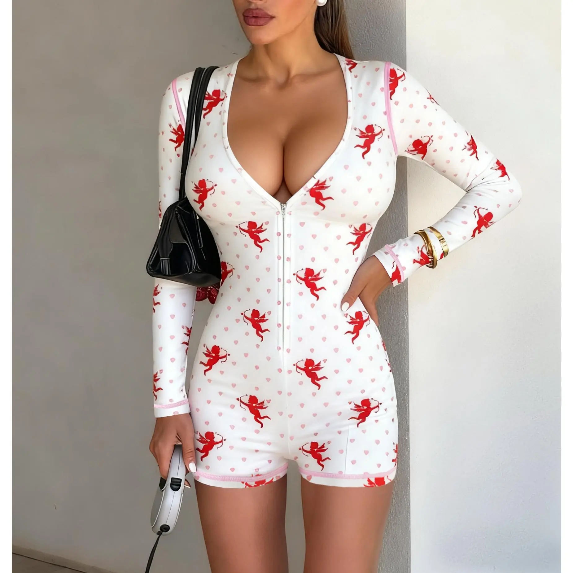 Women's Cupid Heart Print Long Sleeve V-Neck Zip-Up Loungewear Nightwear Onesie Shorts Jumpsuit Romper