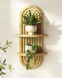 Bamworld Boho Wall Decor Plant Wall Shelf Mid Century Modern Decor Hanging Plant Shelf 2-Tier Wooden Floating Shelves for Home Bathroom Bedroom Living Room Office Holding Planter Decoration Natural