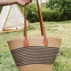 Straw Tote Bag with Brown Stripes and Leather Handles for Beach and Everyday Use