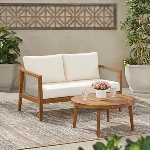 Outdoor Loveseat and Coffee Table Set, Acacia Wood Frame with Rope Detail, Water-Repellent Beige Cushions for Patio/Backyard/Deck, Teak Finish