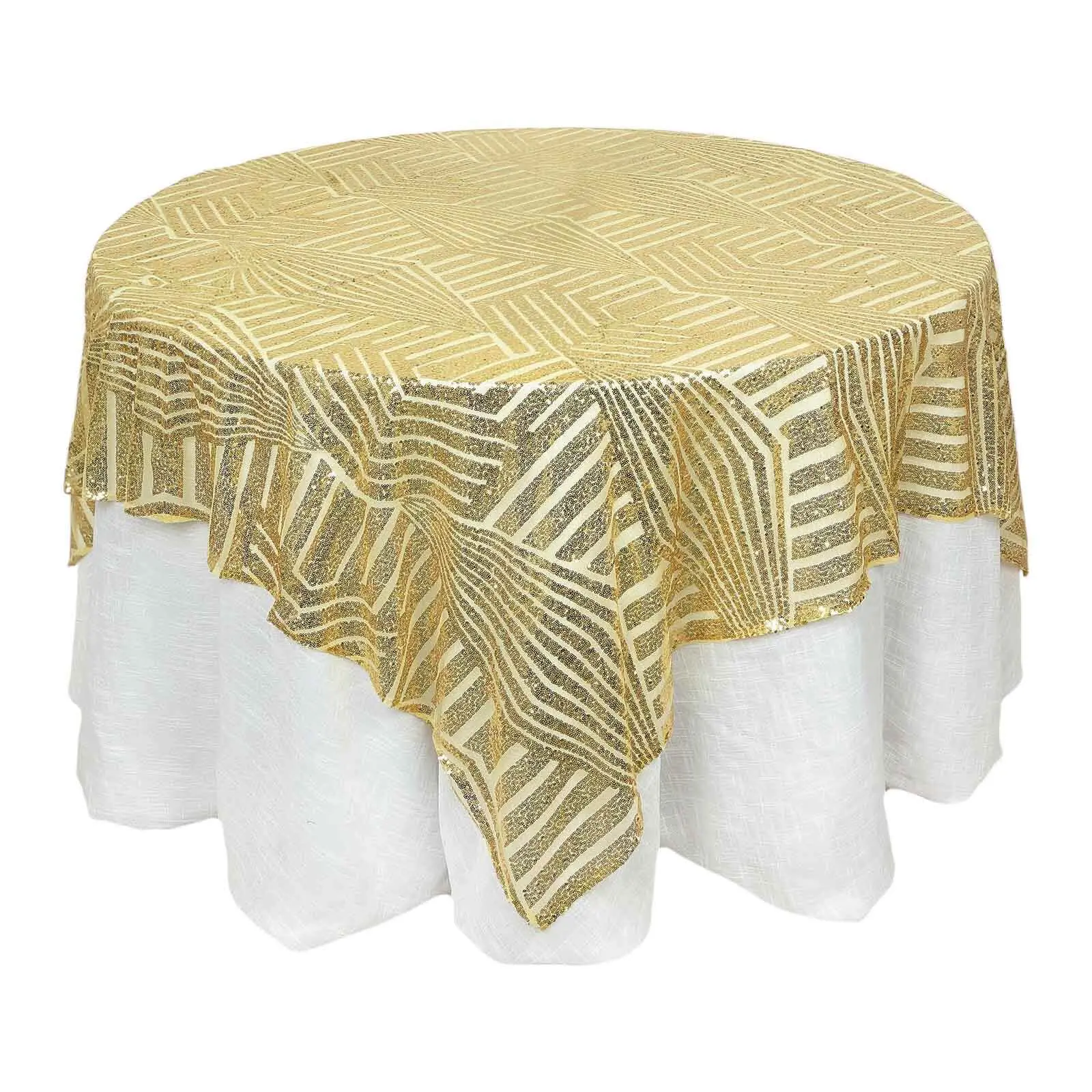72" Gold Sequin Square Table Overlay with Diamond Glitz Design - Luxe Household Tablecloth for Weddings, Receptions, Baby Showers