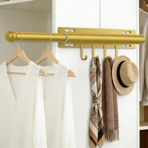 Valet Rod for Closet Retractable with 4 Hooks, 13.4"-23.2" Pull Out Clothes Hanger Rail, Heavy Duty Alloy Steel Side Mount Wardrobe Bar, Adjustable Organizer for Laundry, Bathroom, Entrance (Gold)