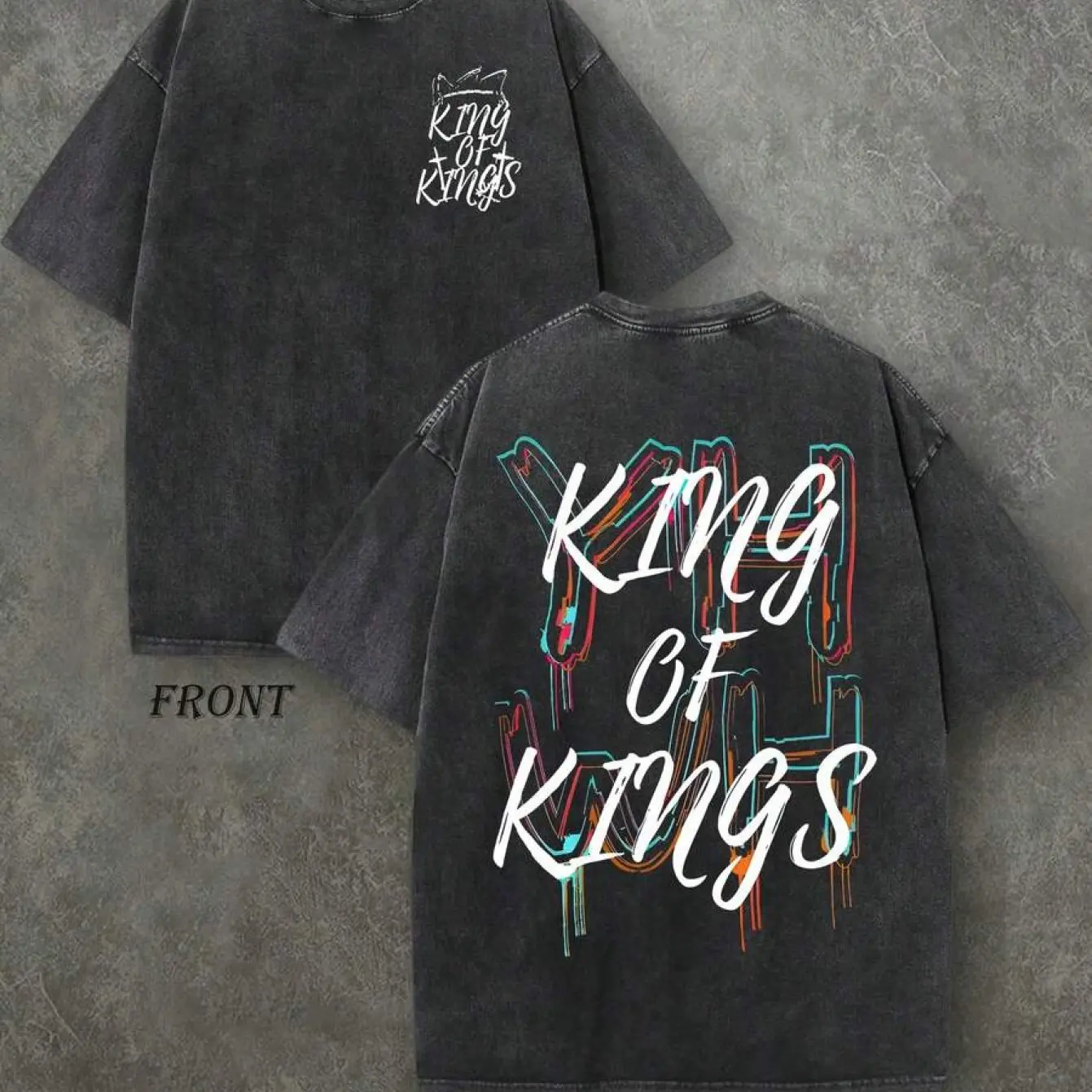 Vintage Washed 230GSM Heavyweight Tee - Double-Sided "YHWH KING OF KINGS" & Champion Print, Faith Streetwear Loose Fit Shirt, Men's All-Season Casual Top, TikTok Viral Christian Apparel