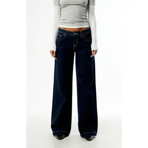 Pacsun Women's Casey Low Rise Baggy Jeans Dark Blue Contrast Stitch