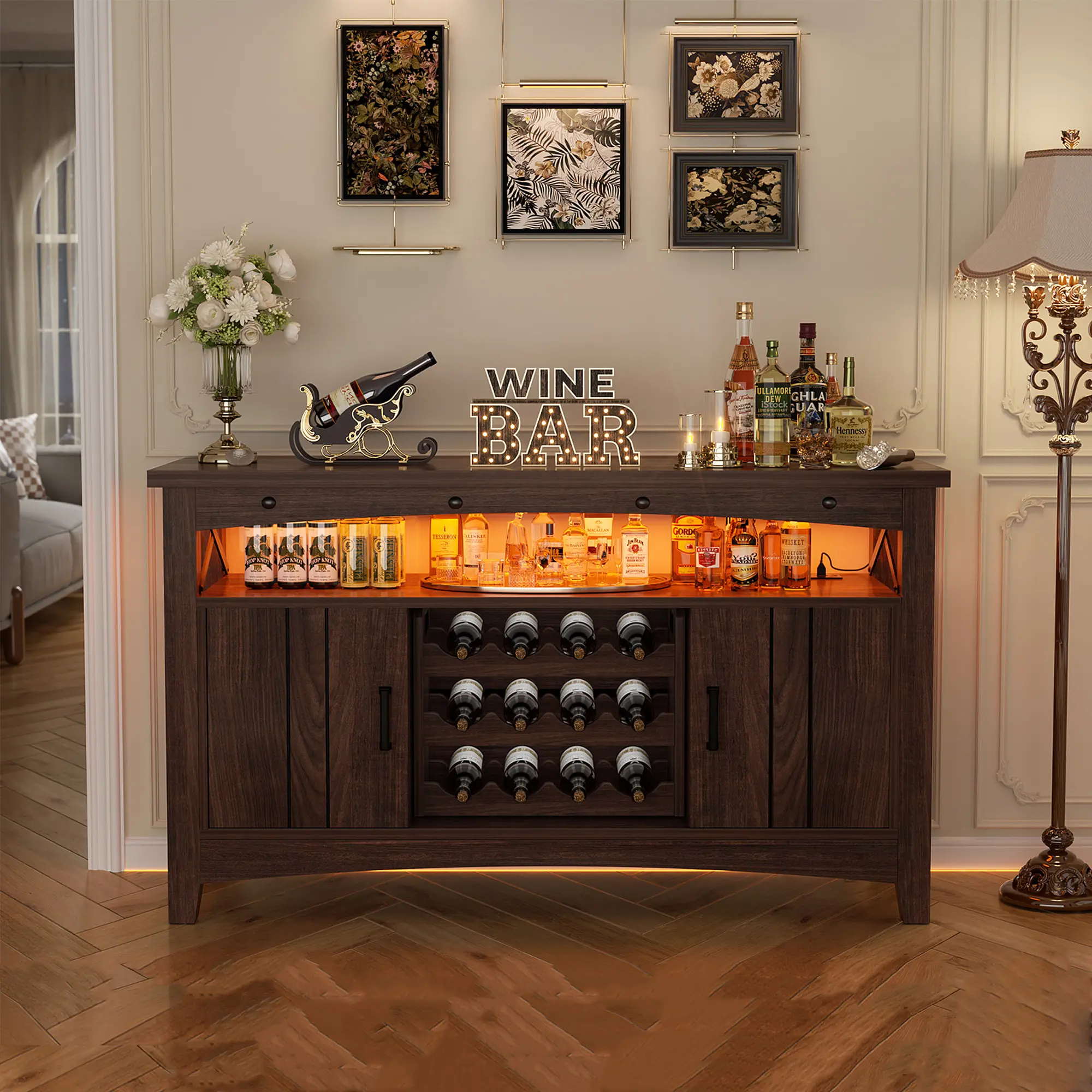Farmhouse 47" Wine Bar Cabinet with Power Outlets and LED Lights, Industrial Coffee Bar Liquor Cabinet with Storage Shelves & Movable Wine Rack,