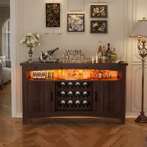 Farmhouse 47" Wine Bar Cabinet with Power Outlets and LED Lights, Industrial Coffee Bar Liquor Cabinet with Storage Shelves & Movable Wine Rack,