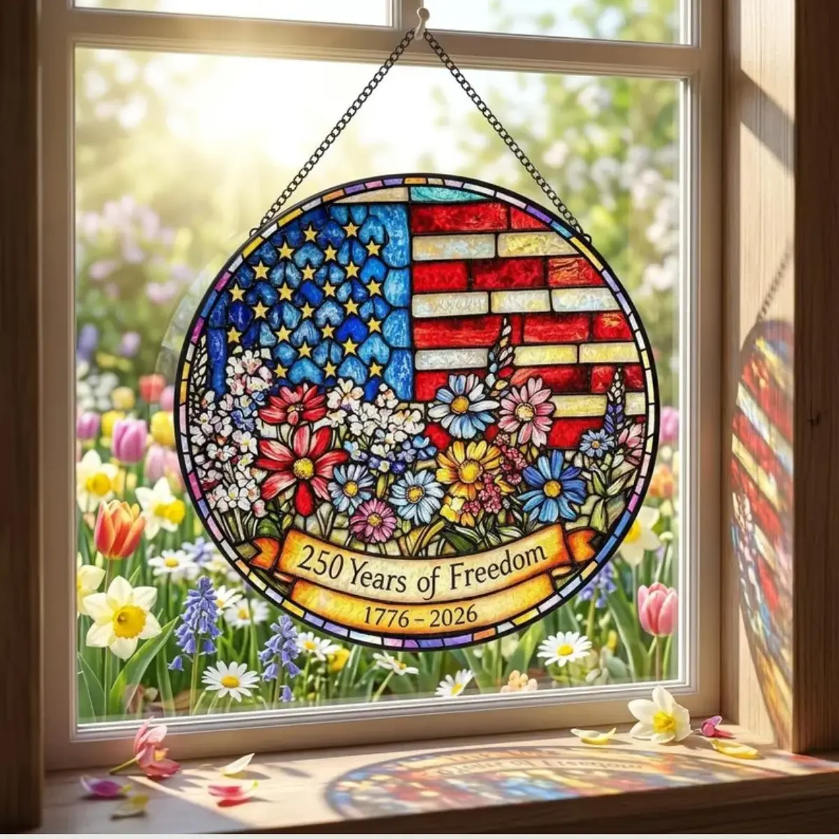 USA 250th Anniversary Stained Acrylic Suncatcher,Patriotic Floral Acrylic Window Hanging,American Flag Art,American Independence Day