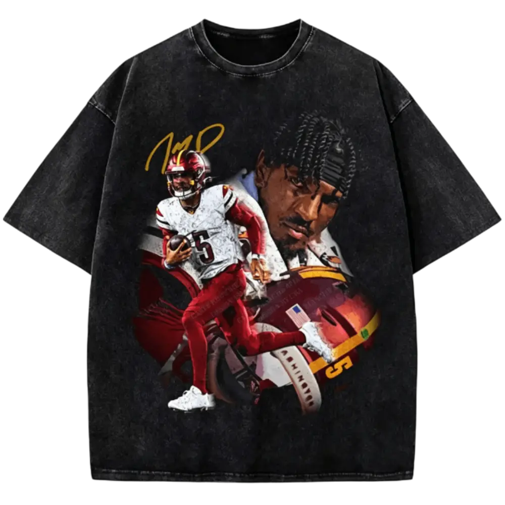 Men's Jayden Daniels Rookie Star Crew Neck Short-Sleeve Tee - Washington Custom Graphic Football Streetwear Menswear Top, Shortsleeve, T-Shirt, Highlight Jayden Daniels' Rookie Status, Washington Rookie Star Custom Graphic