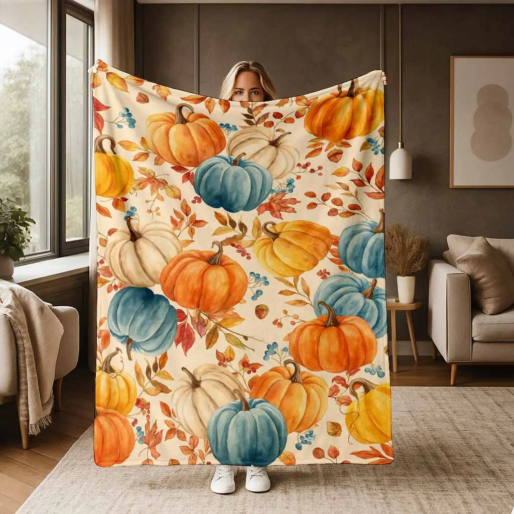 Watercolor Pumpkin Flannel Blanket, Elegant Autumn Harvest Print Pattern, Extra Soft, Lightweight, Warm, Cozy, AntiPilling, for Sofa, Bed, Living Room, Bedroom, Thanksgiving, Halloween, Birthday, Gift, Housewarming, Travel tiktokshopspringglowup