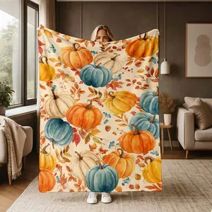 Watercolor Pumpkin Flannel Blanket, Elegant Autumn Harvest Print Pattern, Extra Soft, Lightweight, Warm, Cozy, AntiPilling, for Sofa, Bed, Living Room, Bedroom, Thanksgiving, Halloween, Birthday, Gift, Housewarming, Travel