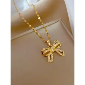 Elegant Rhinestone Bow Pendant Necklace for Women Trendy 2024 Stainless Steel Jewelry Luxury Dainty Statement Gift