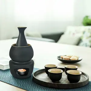 7pcs Traditional Japanese Ceramic Sake Warmer Set, No Electricity Required, Heat-Resistant Wine Pot for Home and Restaurant Use Tea Lavender Spa Black