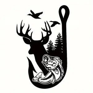 Unique Cute Waterproof Vinyl Sticker, Deer Fish Tree Fishing Hook Decal, Car Decals, Suitable for Laptops, Cars, Motorcycles, Car Windows
