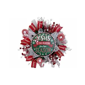 Jesus Is the Reason Wreath, Christmas Door Decor, Red and White Holiday Wreath, Religious Christmas Decoration, Festive Peppermint Wreath”