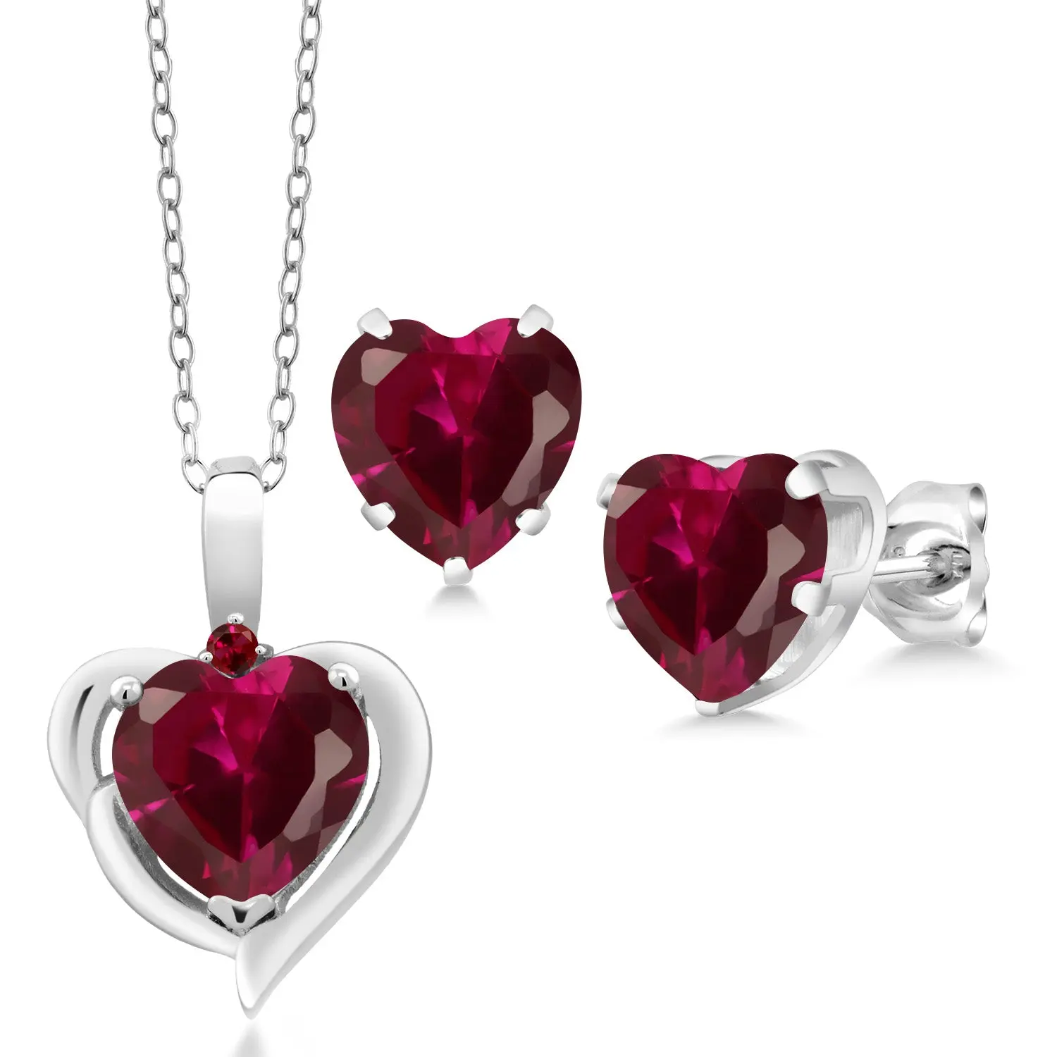 Gem Stone King Women's 5.12 Cttw Red Created Ruby Gems 2-Piece 925 Sterling Silver Semiprecious Stone Jewelry Set - 8MM Heart Pendant Necklace (18in Chain) & Earrings, for Casual-Formal Occasions