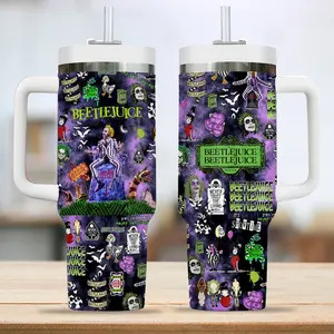 Beetlejuice Movie Tumbler 40oz with Handle, Gothic Horror Comedy Cup, Bio-Exorcist Fan Gift, Black White Striped Aesthetic Mug, Tim Burton Film Travel Mug, Spooky Stainless Steel Tumbler