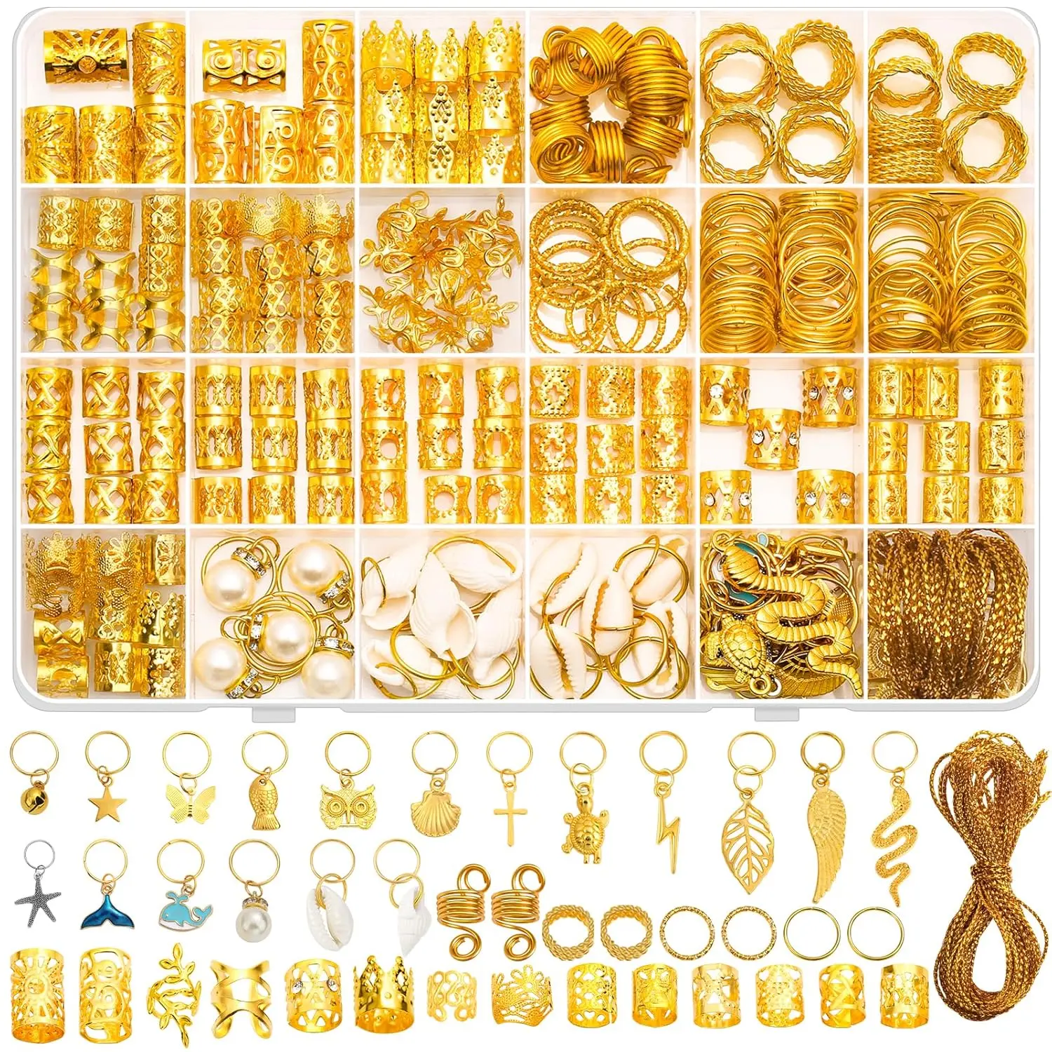 Qinzave 285PCS Gold Hair Jewelry for Braids, Gold Dreadlock Hair Accessories with Pendants Charms, Loc Jewelry for Hair Dreadlocks Rings Cuff Clips Charms for Braid Decoration