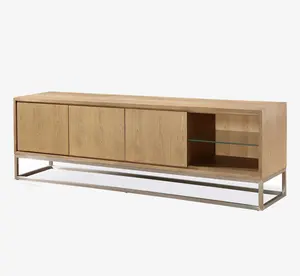 Modern Oak Sideboard with Brushed Metal Base and Open Glass Shelf Niche