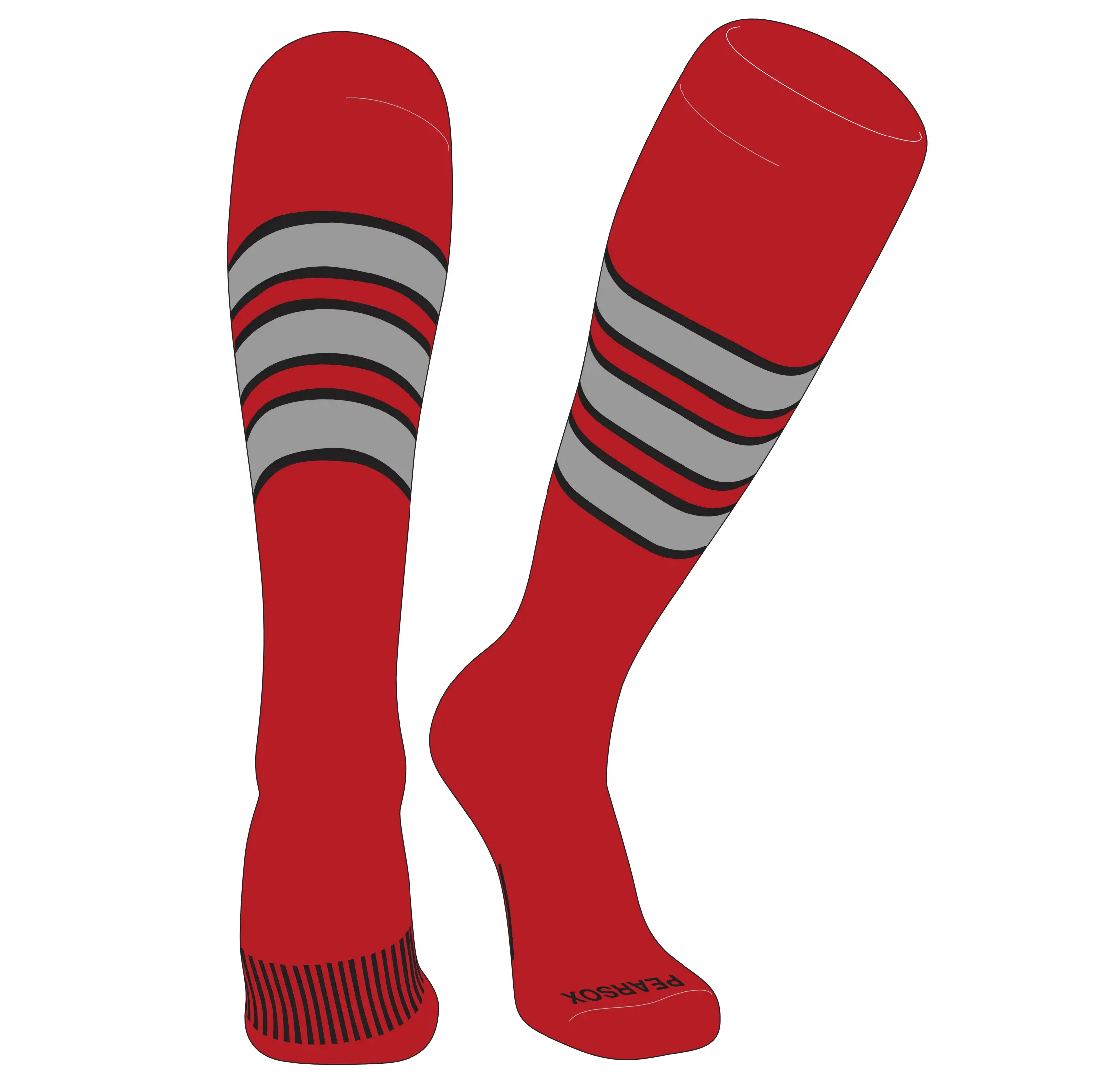 Pear Sox Striped Knee High Baseball, Football Socks (C) Red, Black, Silver
