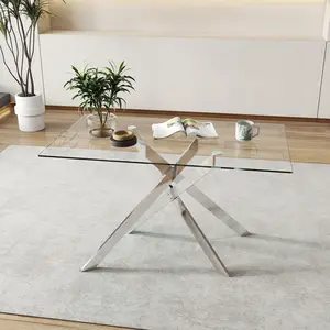 51.18 "Rectangular Transparent Tempered Glass Dining Table, Fashionable Design, Silver Chrome Plated Metal Legs with Adjustable Leveling Feet, Kitchen Table for Living&Dining Room
