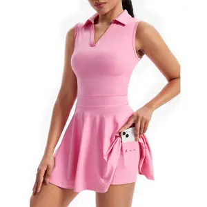 Golf Tennis Dress Workout Athletic Dresses for Women Gym Active Exercise Sports Mini Sleeveless Collared with Pockets Shorts Underneath Cute Trendy Clothes 2 Piece Sets Outfits Casual Summer