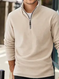 Men's Fleece Quarter Zip Pullover, Warm Long Sleeve, 1/4 Zip Half High Neck Top, Men's Drawstring Hem Casual Knitwear, Cozy and Stylish